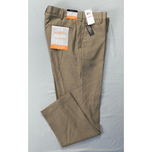 Van Heusen Traveler Slim Fit Non-Iron Dress Pants, Slacks. Tan Herringbone 32X30 - Picture 1 of 7